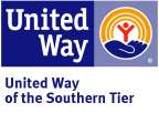 United Way of the Southern Tier logo, blue background with white letters for United Way, white background with blue letters for United Way of the Southern Tier, blue palm holding orange stick figure person with a yellow rainbow above.