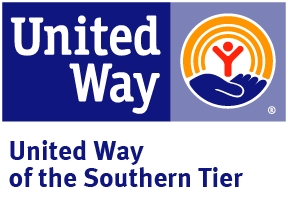 United Way of the Southern Tier logo, blue background with white letters for United Way, white background with blue letters for United Way of the Southern Tier, blue palm holding orange stick figure person with a yellow rainbow above.