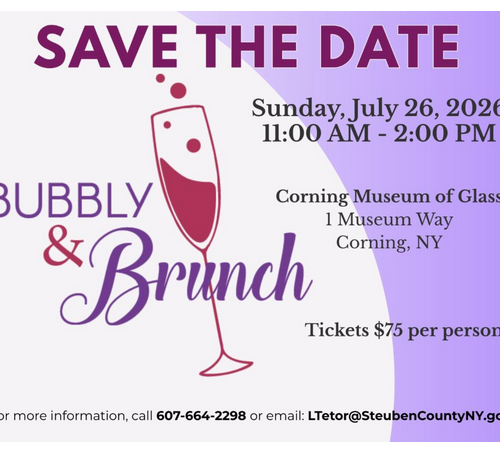 Save the date - Bubbly & Brunch Sunday July 26, 2026 11am-2pm Corning Museum of Glass 1 Museum Way, Corning, NY showing a wine glass outlined in red with content in purple and black on a white and purple background