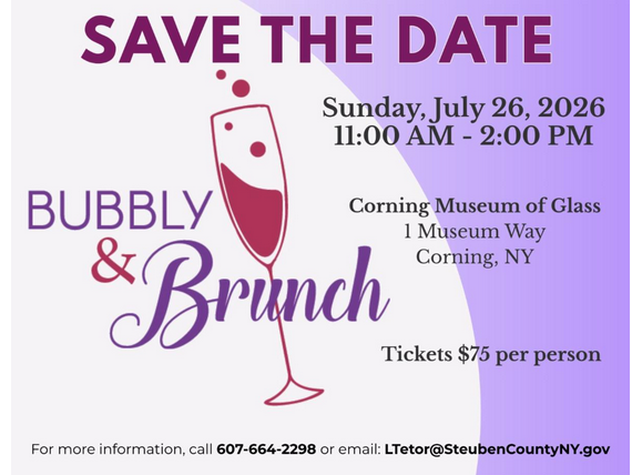 Save the date - Bubbly & Brunch Sunday July 26, 2026 11am-2pm Corning Museum of Glass 1 Museum Way, Corning, NY showing a wine glass outlined in red with content in purple and black on a white and purple background