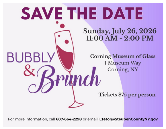 Save the date - Bubbly & Brunch Sunday July 26, 2026 11am-2pm Corning Museum of Glass 1 Museum Way, Corning, NY showing a wine glass outlined in red with content in purple and black on a white and purple background
