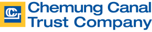 Chemung Canal Trust Company in blue letters on clear background with yellow and blue box and 2 white letter c's
